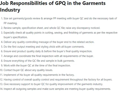 Job Responsibilities of GPQ in the Garments Industry