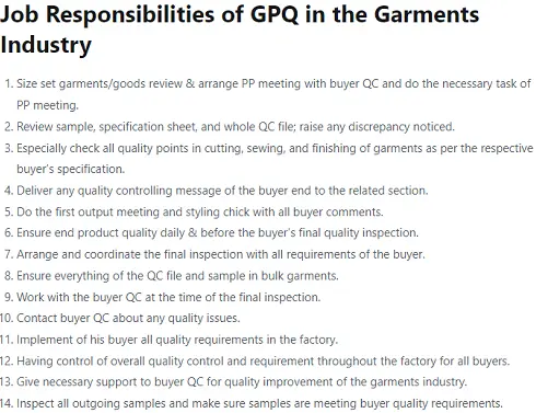 Responsibilities of GPQ in Garments Industry