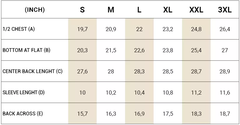 Polo shirt Measurement Size chart