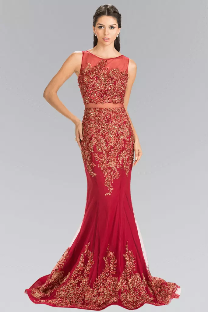 Embroidered red two-piece mermaid dress
