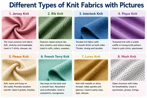 Different types of knit fabrics with pictures and Names