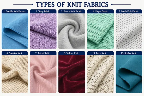 Double Knit Fabrics, Terry fabric, Fleece Knit Fabric, Pique fabric, Mesh Knit Fabric, Sweater Knit, Tricot Knit, Velour Knit, Lace Knit, Scuba Knit fabric