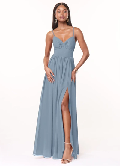 Dusty Blue A-Line V-Neck Pleated Chiffon Dress