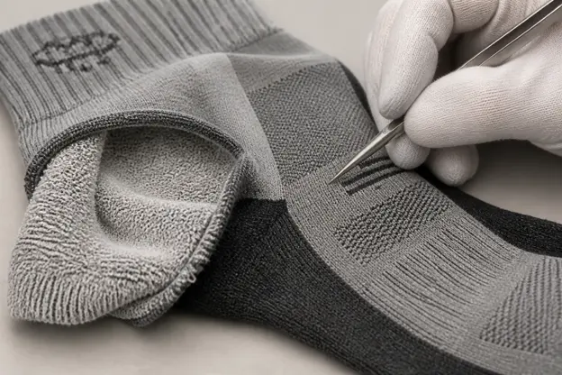 Macro quality inspection of merino sock cushioning, mesh knit, and reinforced wear zones